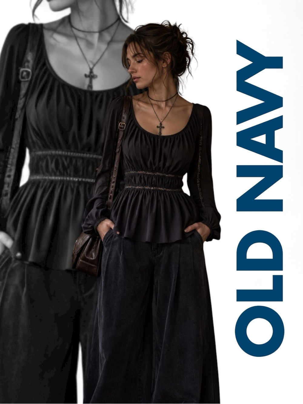 Old Navy Black Peplum Blouse Romantic Cottagecore Peasant Balloon Sleeve Large